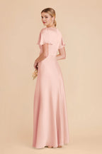 Elegant A-Line Satin V Neck Flutter Sleeve Zipper Back Floor Length Bridesmaid Dress