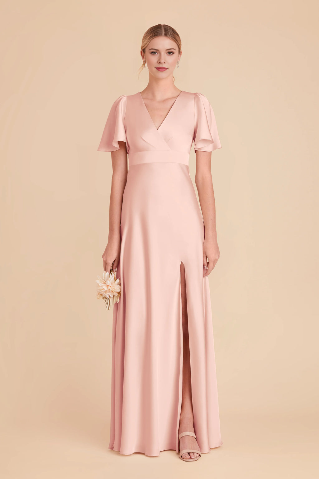 Elegant A-Line Satin V Neck Flutter Sleeve Zipper Back Floor Length Bridesmaid Dress