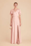 Elegant A-Line Satin V Neck Flutter Sleeve Zipper Back Floor Length Bridesmaid Dress