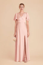 Elegant A-Line Satin V Neck Flutter Sleeve Zipper Back Floor Length Bridesmaid Dress