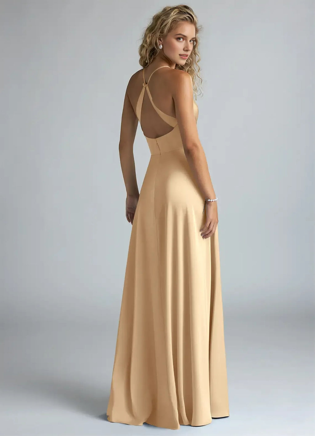 Elegant A-Line Satin V Neck Sleeveless Cross Back Floor Length Bridesmaid Dress