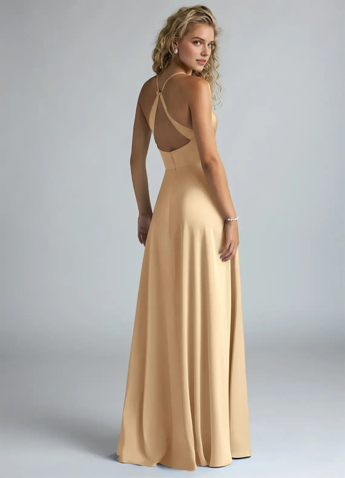 Elegant A-Line Satin V Neck Sleeveless Cross Back Floor Length Bridesmaid Dress