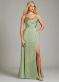 Elegant A-Line Satin V Neck Spaghetti Strap Open Back Floor Length Bridesmaid Dress