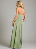 Elegant A-Line Satin V Neck Spaghetti Strap Open Back Floor Length Bridesmaid Dress
