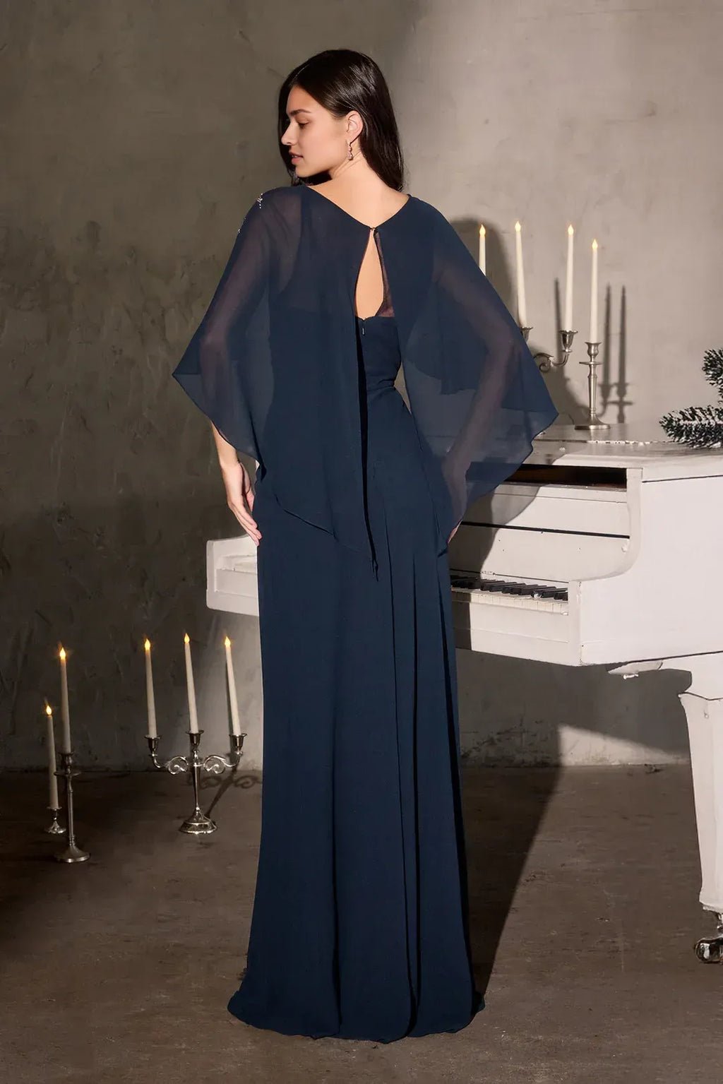 Elegant A-Line Scoop Neck Cape Sleeve Keyhole Back Floor Length Prom Dress