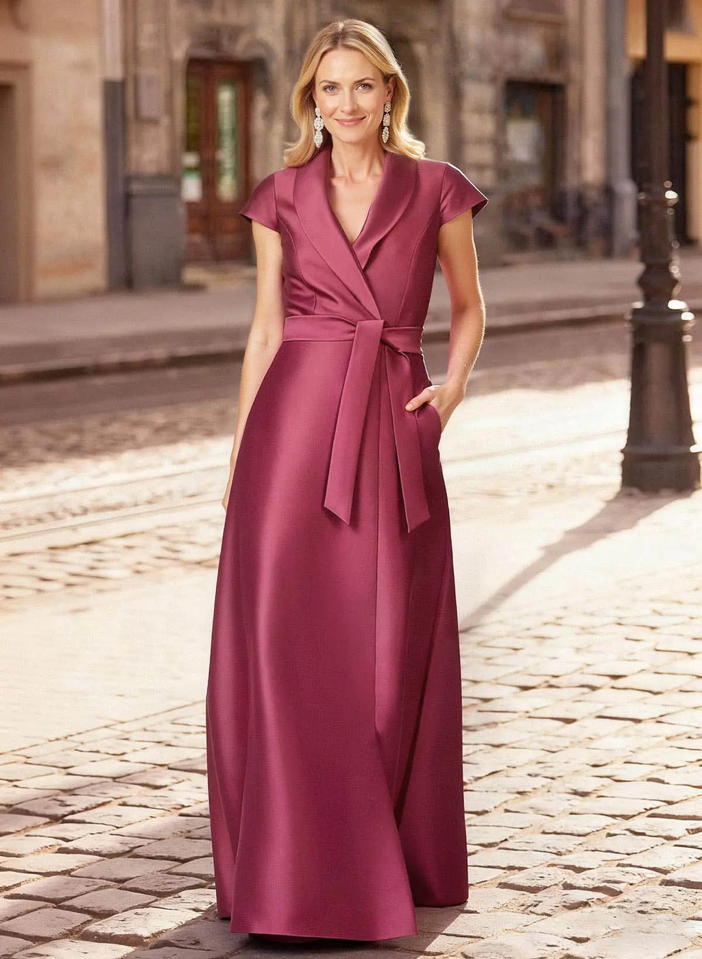 Burgundy A-Line Shawl Collar Short Sleeve Evening Gown with Waist Tie Mother of the Bride Dress