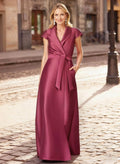 Burgundy A-Line Shawl Collar Short Sleeve Evening Gown with Waist Tie Mother of the Bride Dress