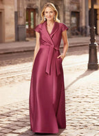 Burgundy A-Line Shawl Collar Short Sleeve Evening Gown with Waist Tie Mother of the Bride Dress