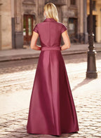 Burgundy A-Line Shawl Collar Short Sleeve Evening Gown with Waist Tie Mother of the Bride Dress