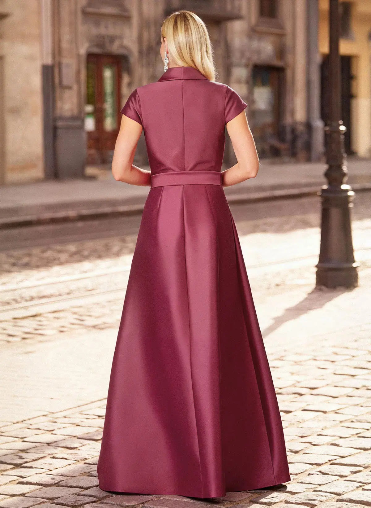 Burgundy A-Line Shawl Collar Short Sleeve Evening Gown with Waist Tie Mother of the Bride Dress