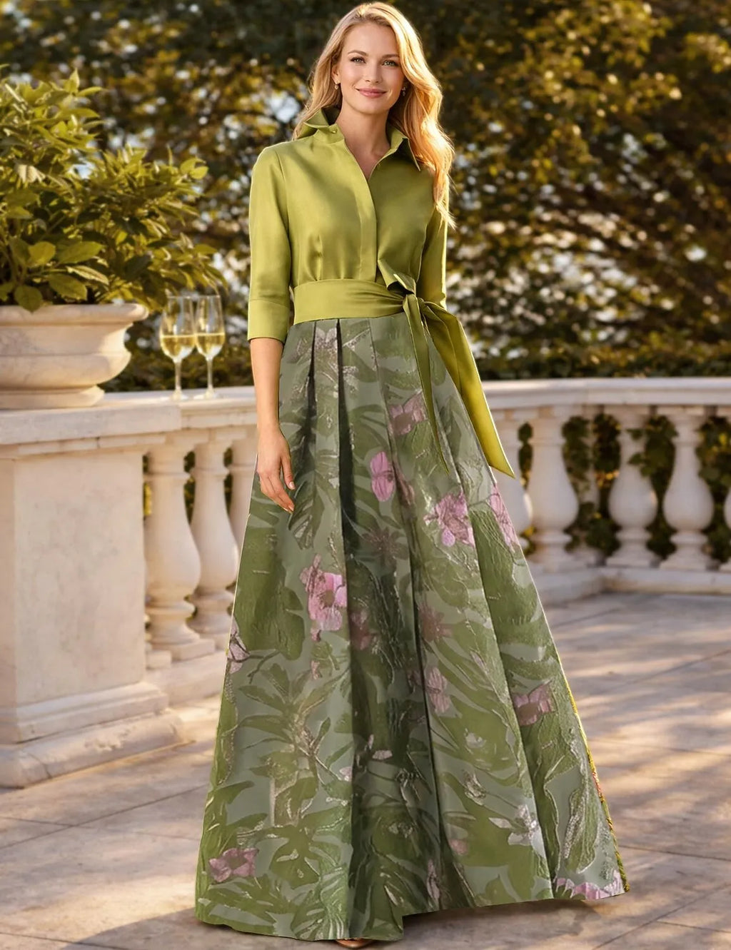 A-Line Shirt Collar 3/4 Sleeve Maxi Floral Dress