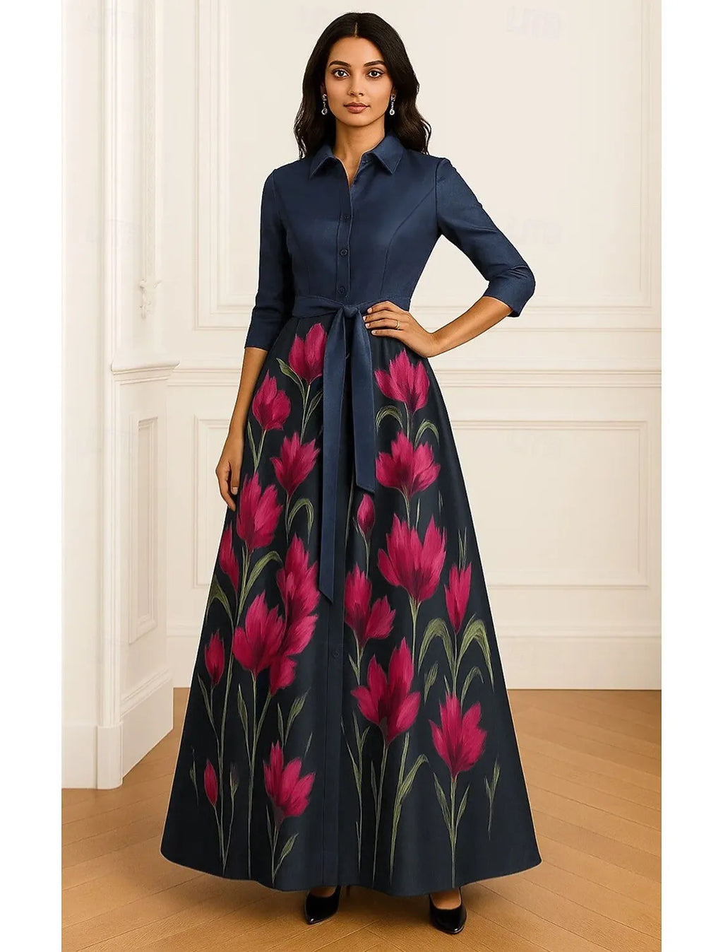A-Line Shirt Collar 3/4 Sleeve Maxi Floral Dress