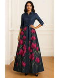 A-Line Shirt Collar 3/4 Sleeve Maxi Floral Dress