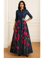 A-Line Shirt Collar 3/4 Sleeve Maxi Floral Dress