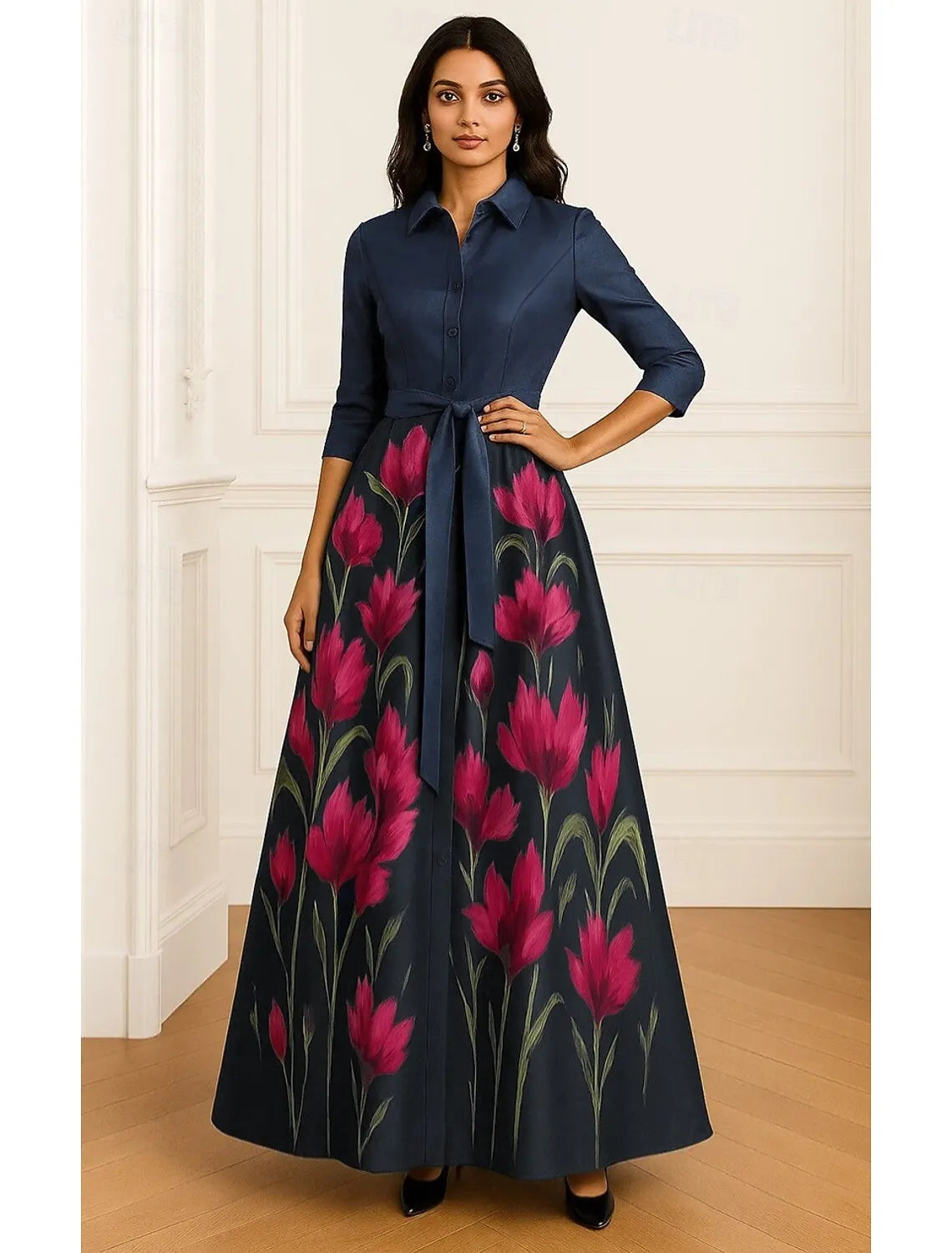 A-Line Shirt Collar 3/4 Sleeve Maxi Floral Dress