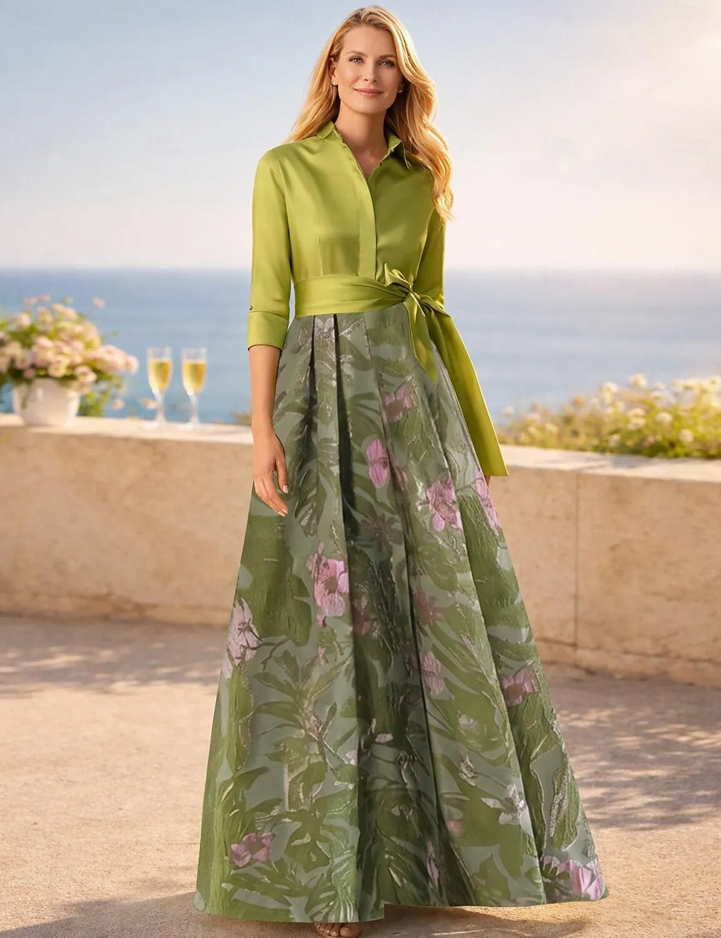 A-Line Shirt Collar 3/4 Sleeve Maxi Floral Dress