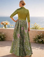A-Line Shirt Collar 3/4 Sleeve Maxi Floral Dress