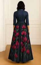 A-Line Shirt Collar 3/4 Sleeve Maxi Floral Dress