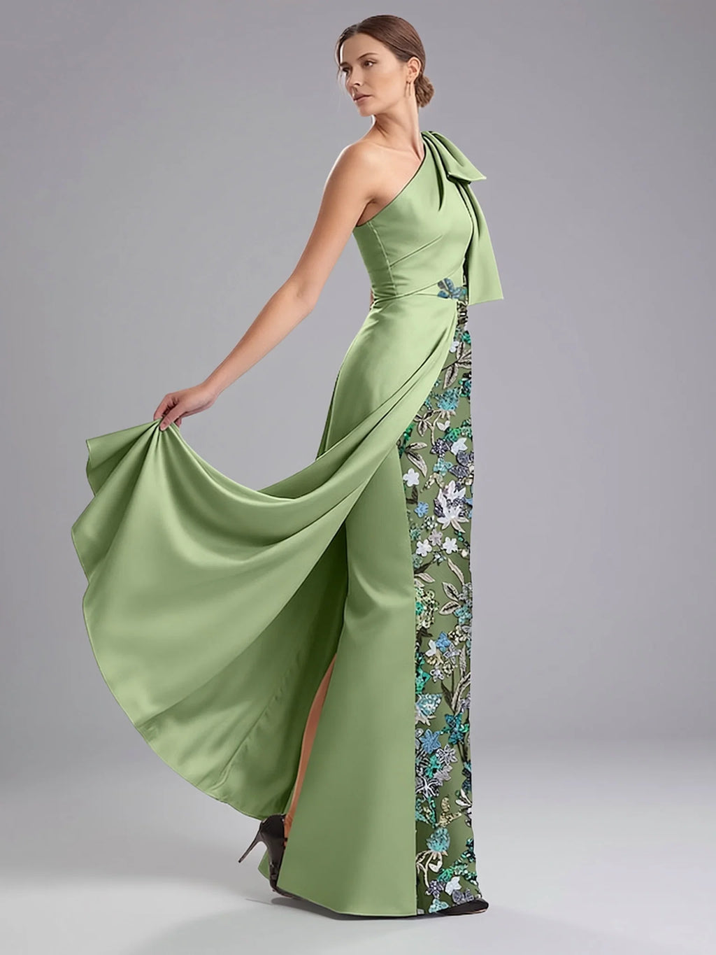 A-Line Sleeveless One Shoulder Slit Floor-Length Mother Of The Bride Dress