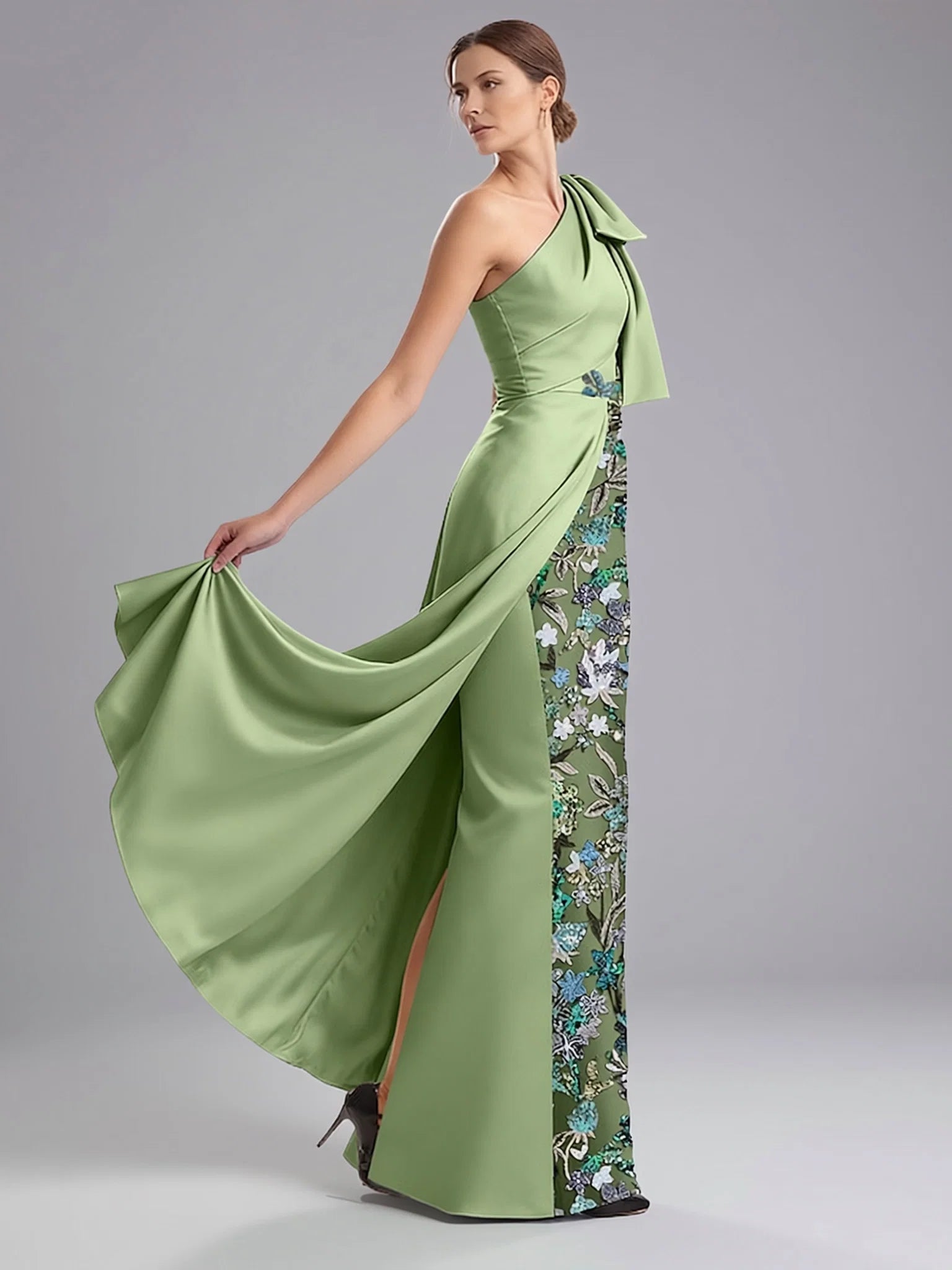 A-Line Sleeveless One Shoulder Slit Floor-Length Mother Of The Bride Dress