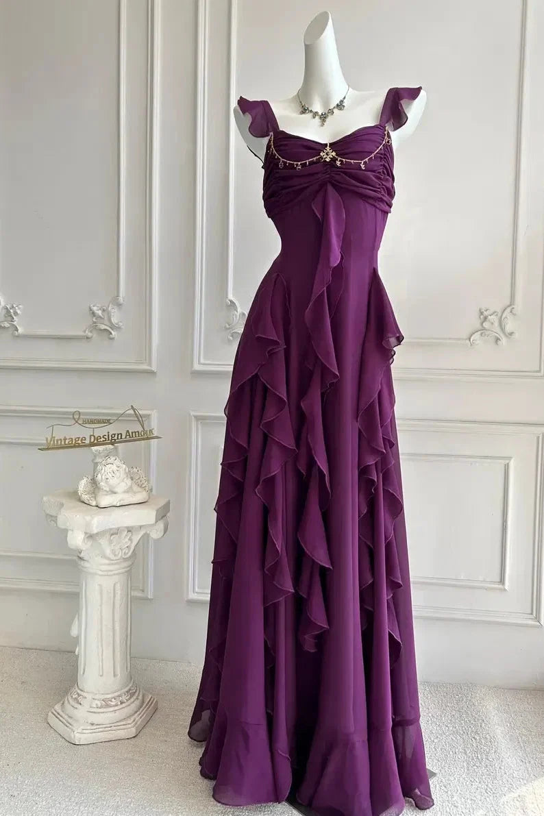 A-Line Square Neck Ruffle Strap Backless Tiered Ruffle Maxi Dress With Beaded Detail