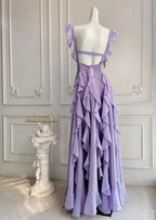 A-Line Square Neck Ruffle Strap Backless Tiered Ruffle Maxi Dress With Beaded Detail