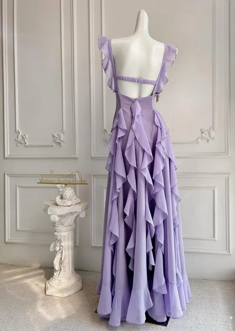 A-Line Square Neck Ruffle Strap Backless Tiered Ruffle Maxi Dress With Beaded Detail