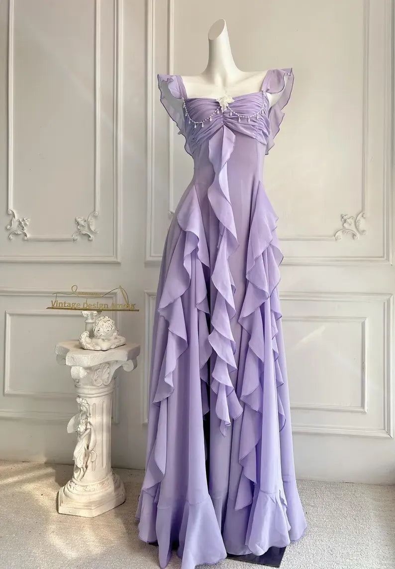 A-Line Square Neck Ruffle Strap Backless Tiered Ruffle Maxi Dress With Beaded Detail