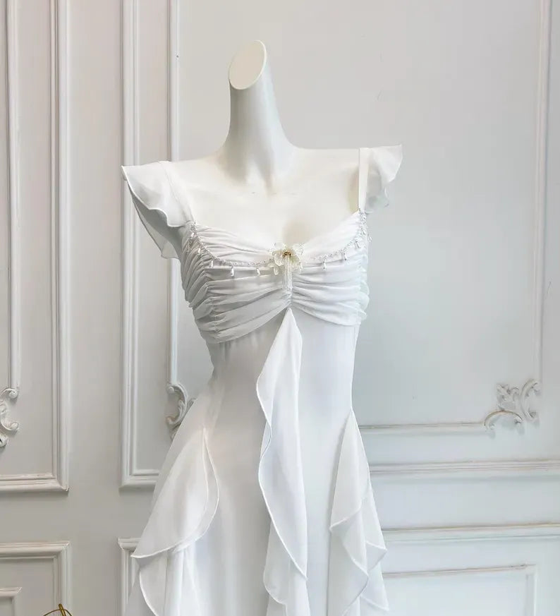 A-Line Square Neck Ruffle Strap Backless Tiered Ruffle Maxi Dress With Beaded Detail