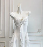 A-Line Square Neck Ruffle Strap Backless Tiered Ruffle Maxi Dress With Beaded Detail