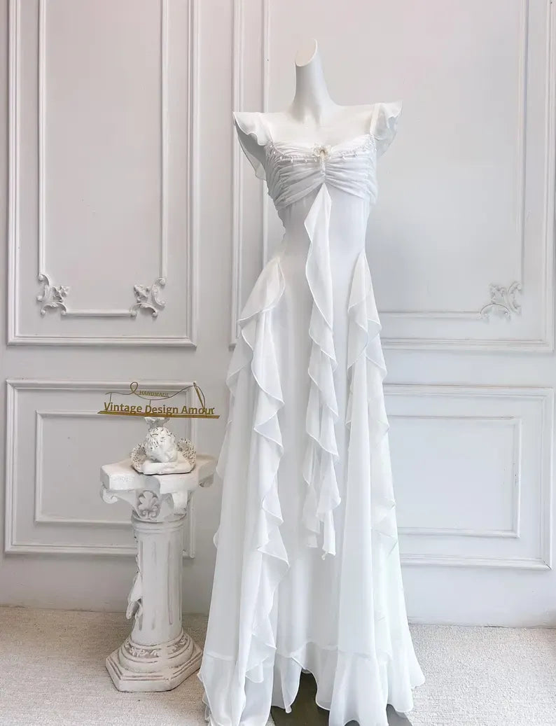 A-Line Square Neck Ruffle Strap Backless Tiered Ruffle Maxi Dress With Beaded Detail
