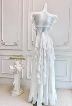 A-Line Square Neck Ruffle Strap Backless Tiered Ruffle Maxi Dress With Beaded Detail