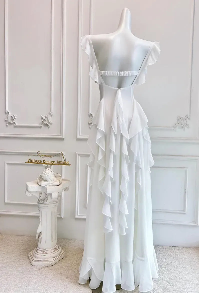 A-Line Square Neck Ruffle Strap Backless Tiered Ruffle Maxi Dress With Beaded Detail