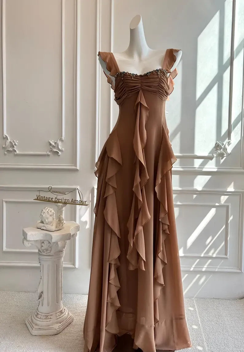 A-Line Square Neck Ruffle Strap Backless Tiered Ruffle Maxi Dress With Beaded Detail