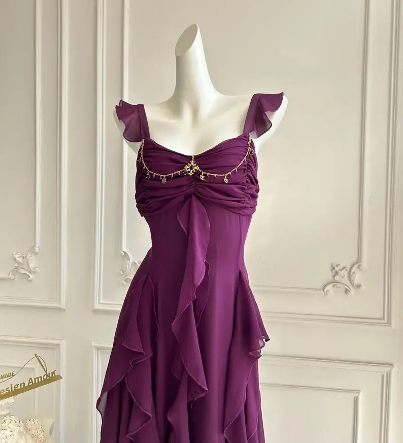 A-Line Square Neck Ruffle Strap Backless Tiered Ruffle Maxi Dress With Beaded Detail
