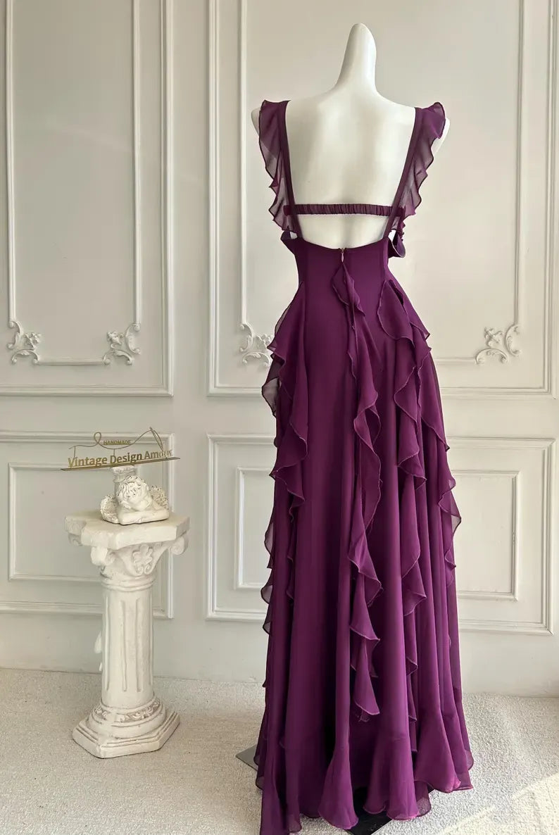 A-Line Square Neck Ruffle Strap Backless Tiered Ruffle Maxi Dress With Beaded Detail