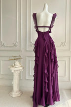 A-Line Square Neck Ruffle Strap Backless Tiered Ruffle Maxi Dress With Beaded Detail