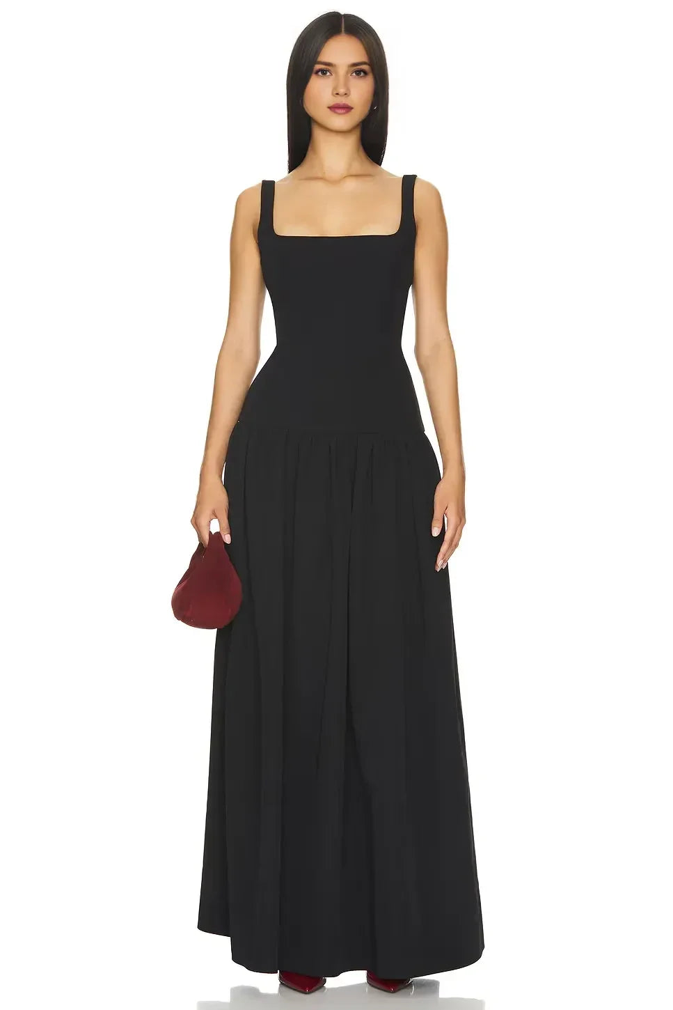 Elegant A Line Square Neck Sleeveless Open Back Floor Length Evening Dress