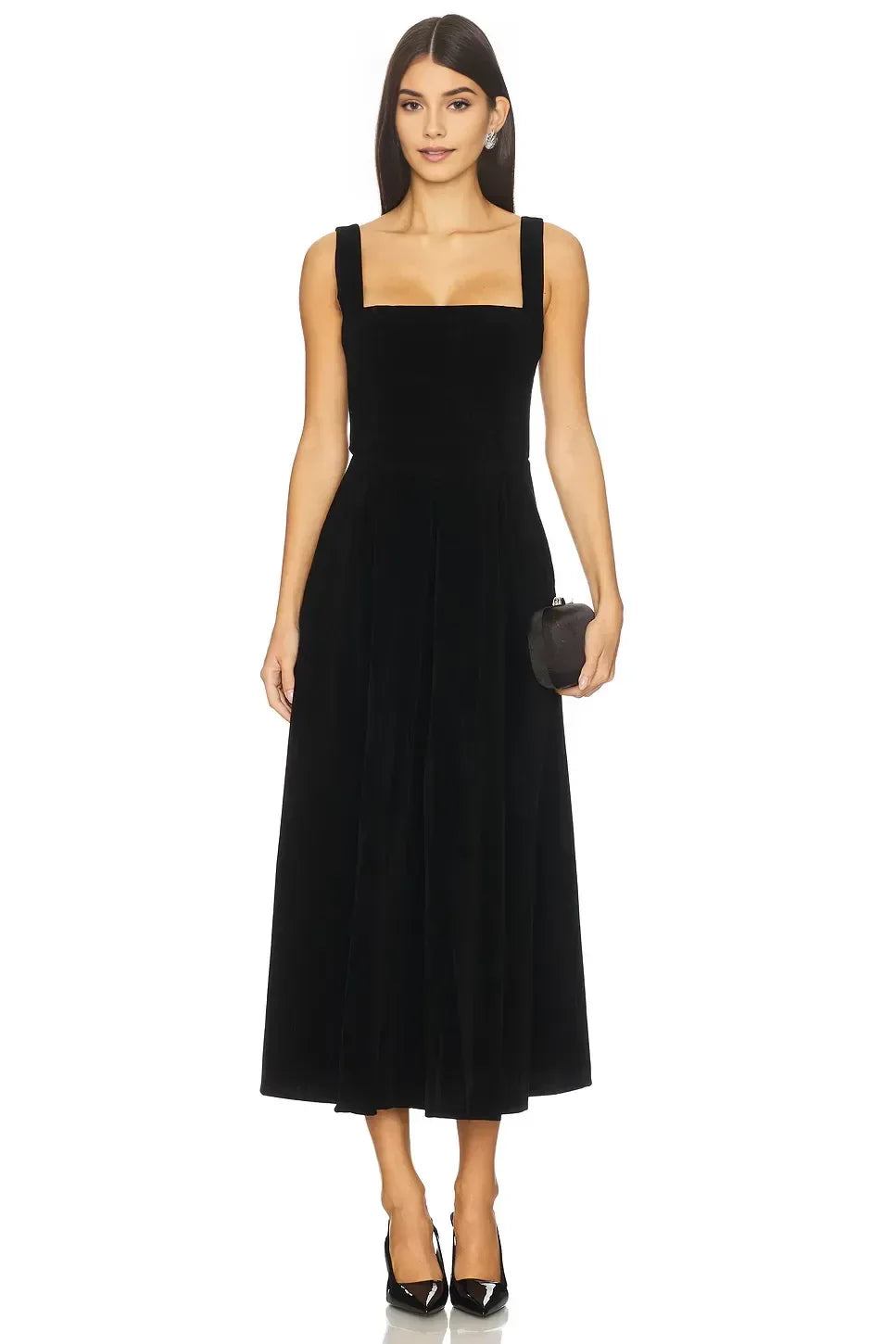 Elegant A Line Square Neck Sleeveless Open Back Midi Evening Dress