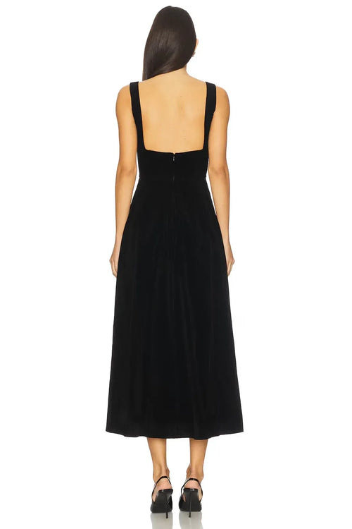 Élégante Robe de Soirée Midi sans Manches à Col Carré et Dos Nu Coupe Trapèze