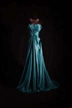 A-Line Strapless Pleated Waist Flower Floor-Length Evening Gown