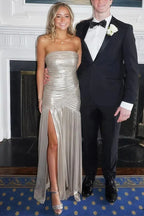 A-Line Strapless Ruched Metallic Evening Maxi Dress