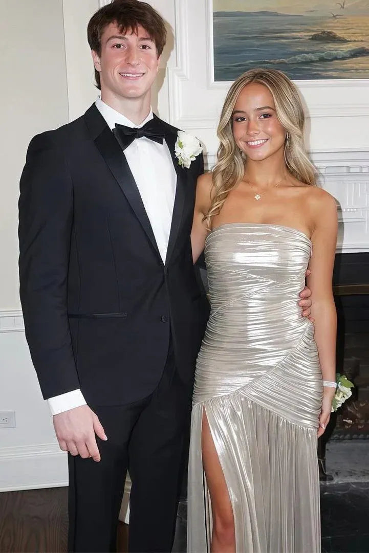 A-Line Strapless Ruched Metallic Evening Maxi Dress