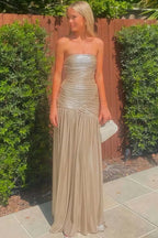 A-Line Strapless Ruched Metallic Evening Maxi Dress