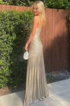 A-Line Strapless Ruched Metallic Evening Maxi Dress