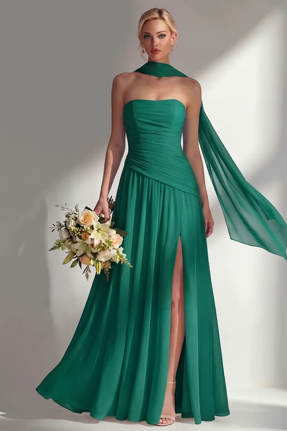 A-Line Strapless Scarf Sleeve Maxi Formal Dress
