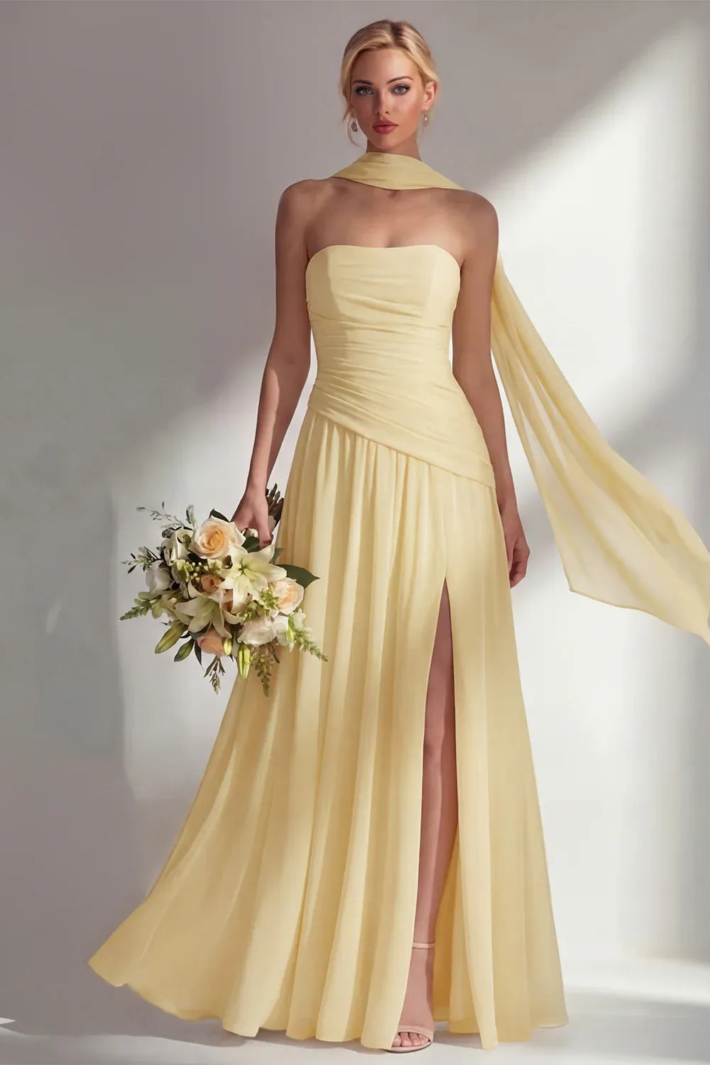 A-Line Strapless Scarf Sleeve Maxi Formal Dress