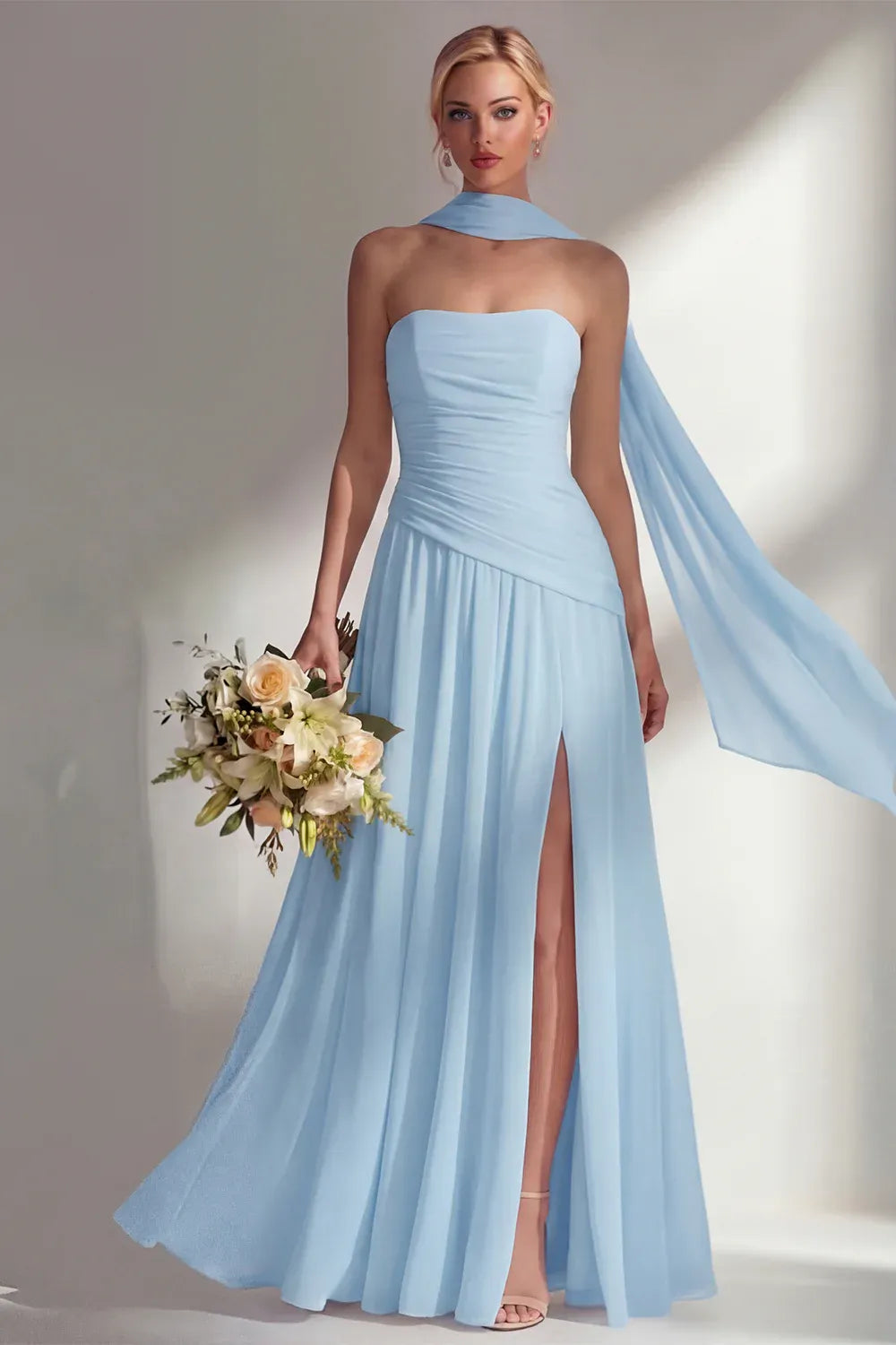 A-Line Strapless Scarf Sleeve Maxi Formal Dress