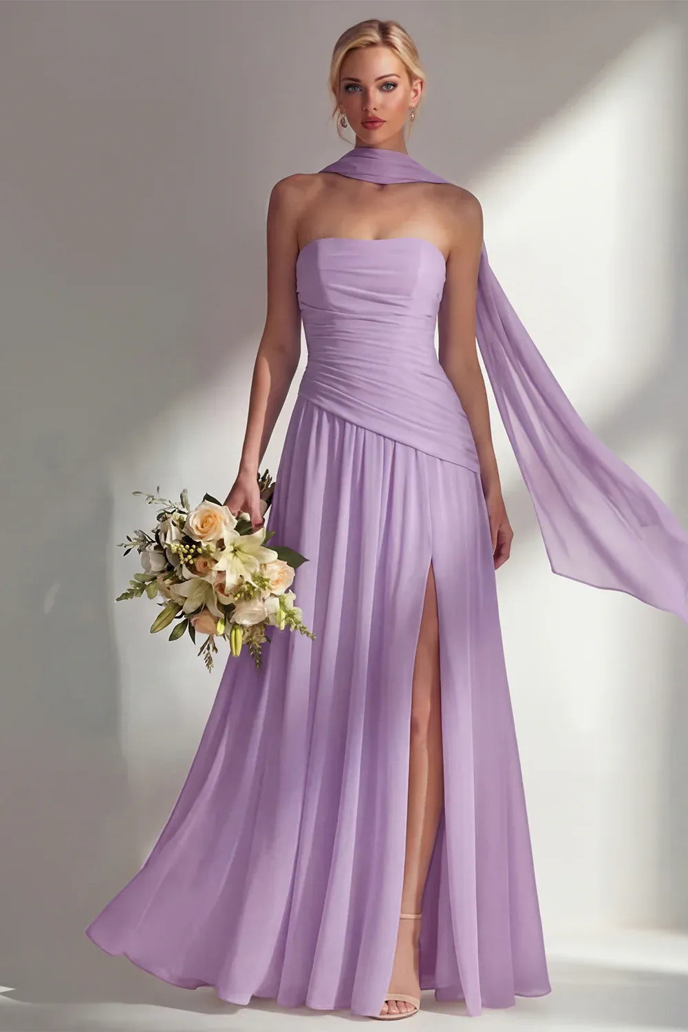 A-Line Strapless Scarf Sleeve Maxi Formal Dress