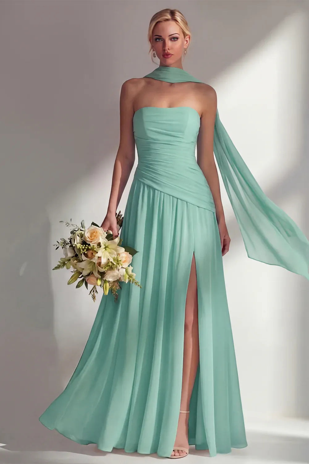 A-Line Strapless Scarf Sleeve Maxi Formal Dress